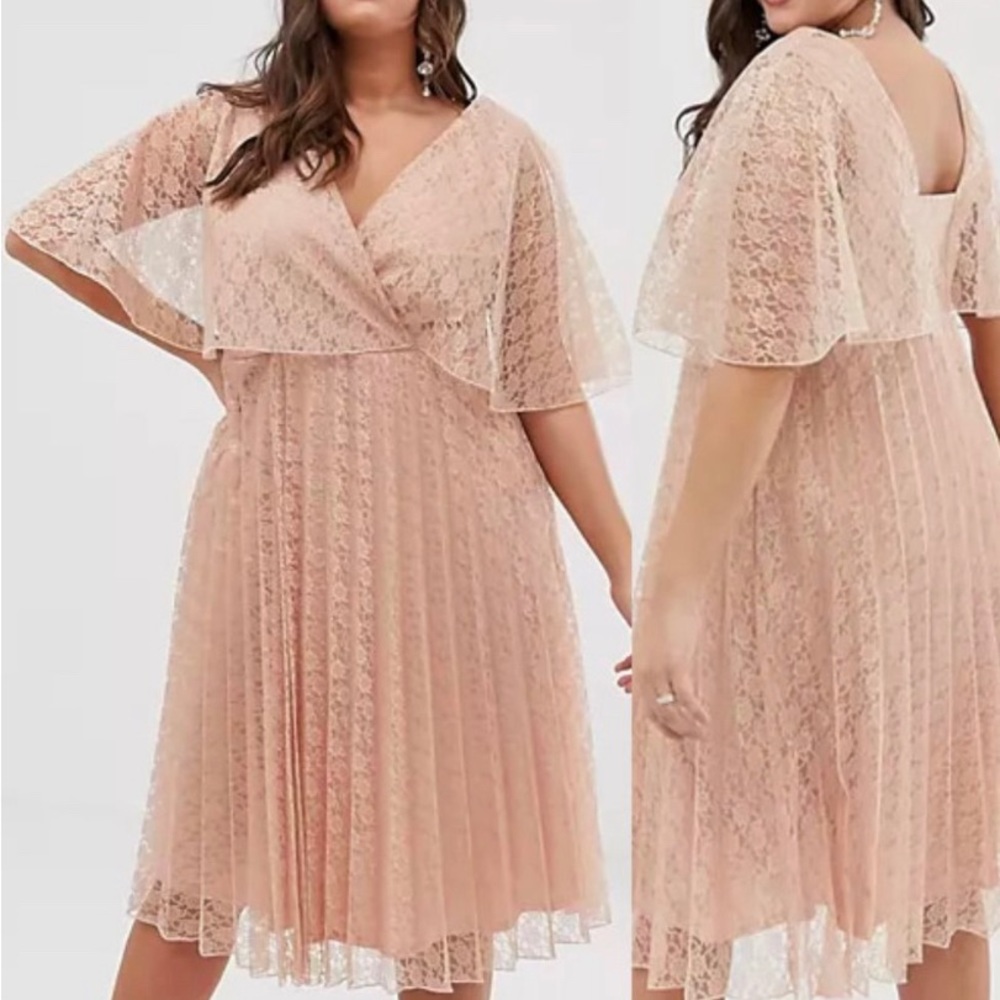 ASOS Curve Flutter Sleeve Pleat Lace Midi Dress Blush Peach Plus Size 18 New